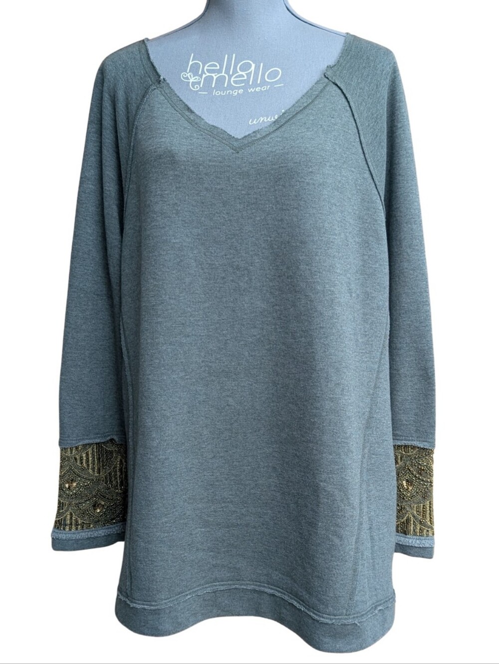 Soft Surroundings Lumi Thermal Tunic Heather Grey Beaded Cuffs V-Neck XL